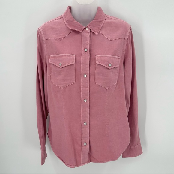 GAP Factory Tops - GAP FACTORY Denim Western Shirt Womens M Pink Pearl Snap Long Sleeve Top NEW